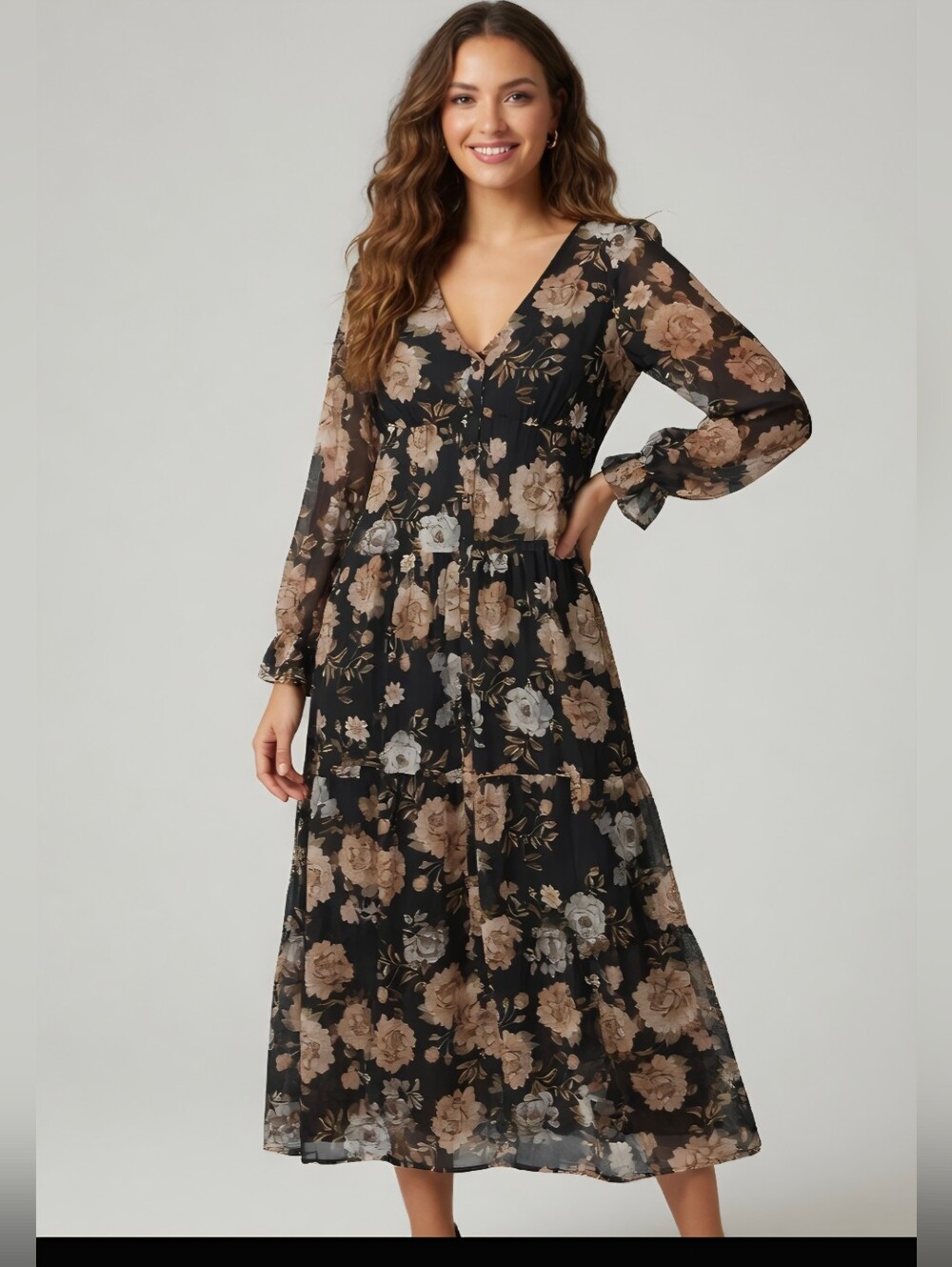 Floral Long Sleeve Maxi Vneck Boho Dress